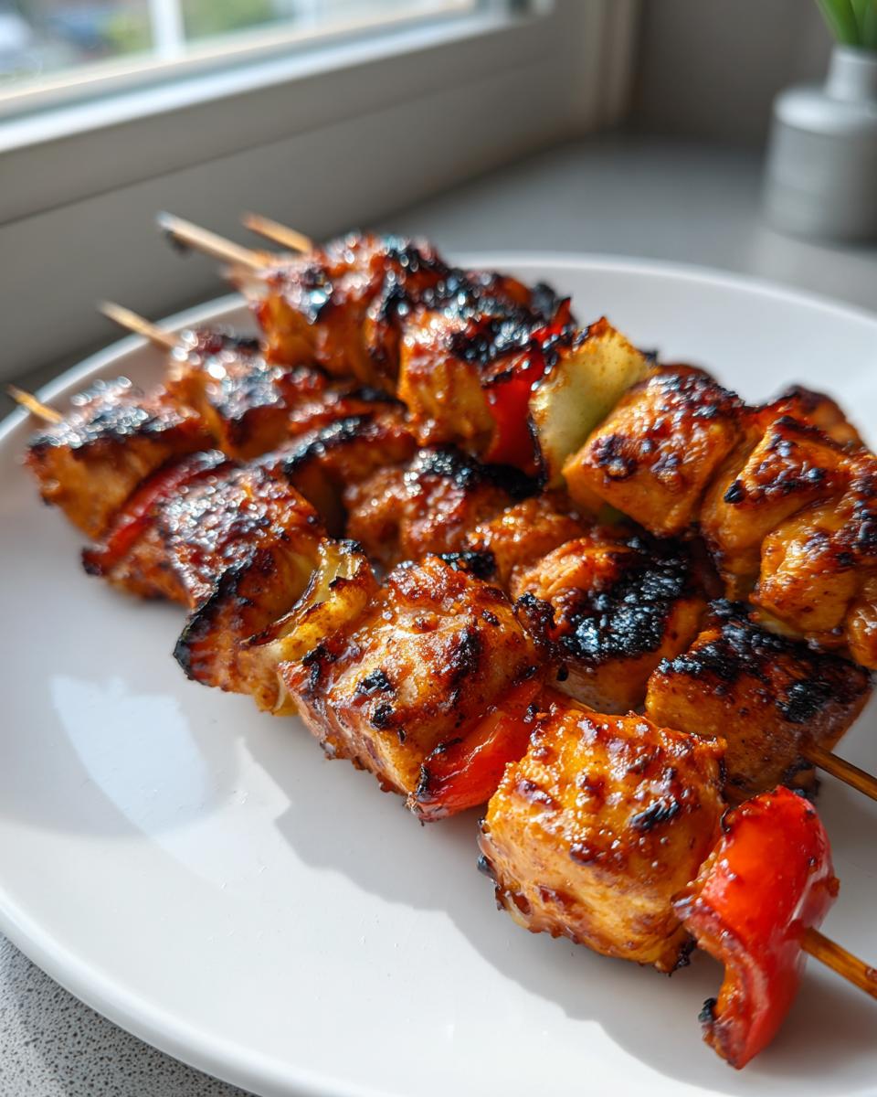Close-up of three grilled honey garlic chicken skewers with charred edges and pieces of red pepper on a white plate.