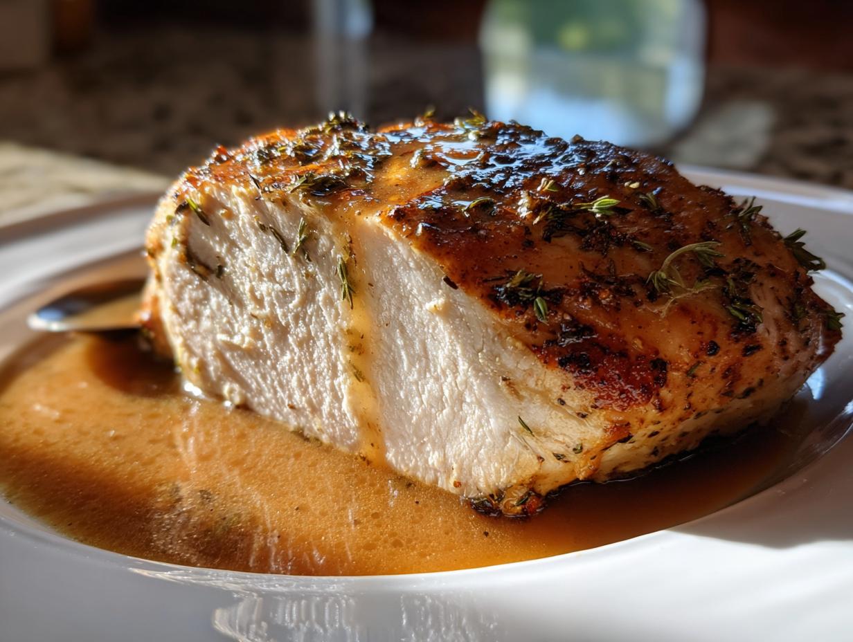 Close-up of a perfectly cooked slice of instant pot turkey breast, moist and sitting in rich brown gravy.