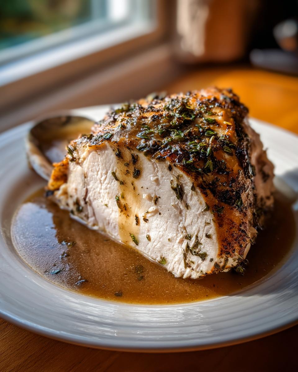 A cross-section of juicy instant pot turkey breast, seasoned with herbs and resting in savory brown gravy.
