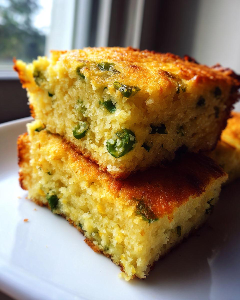 Close-up of two stacked squares of moist mexican cornbread studded with visible green jalapeño pieces.
