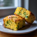 Two golden slices of moist mexican cornbread studded with corn kernels and bright green jalapeño slices, resting on a white plate.