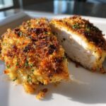 Close-up of juicy baked ranch chicken cut in half showing the crispy coating and moist interior.