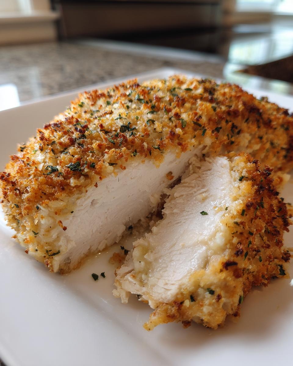 Close-up of juicy baked ranch chicken breast cut open, showing moist white meat and a crispy, golden breadcrumb coating.