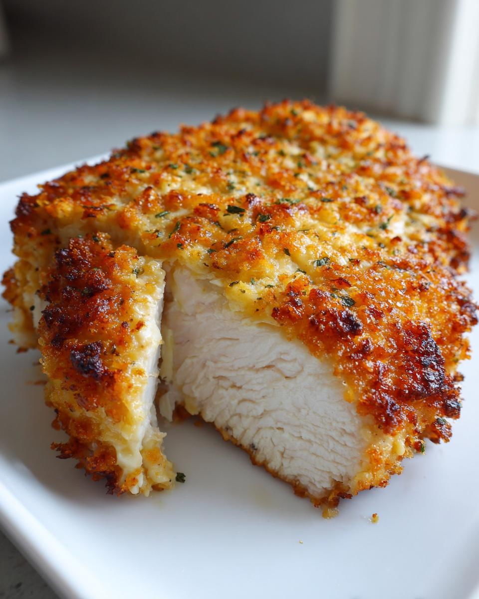 Cross-section of juicy baked ranch chicken showing the white meat and golden, crispy ranch coating.