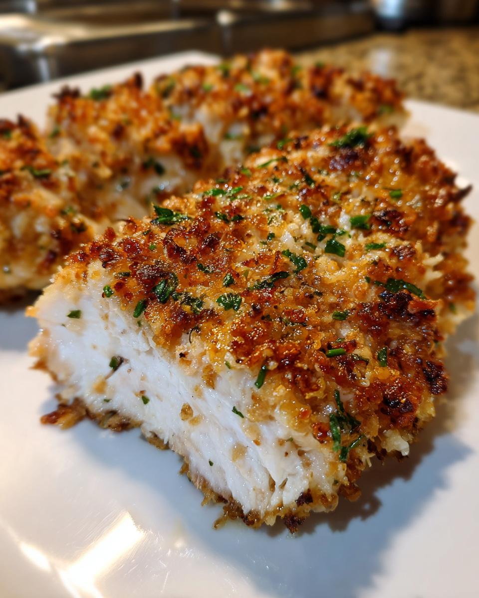 Cross-section of a perfectly cooked baked ranch chicken breast showing white, juicy interior and a crispy, golden-brown topping.