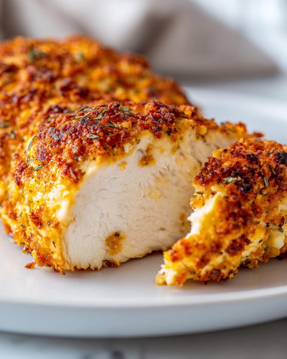 Close-up of juicy baked ranch chicken breast, sliced to show the moist interior and crispy, seasoned crust.
