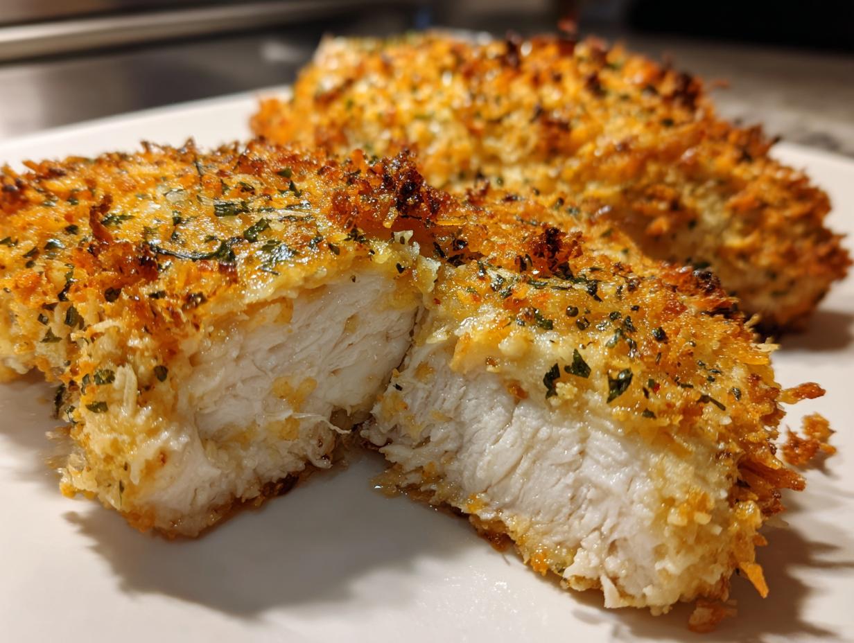 Close-up of baked ranch chicken cut in half showing juicy white meat and crispy, golden ranch coating.