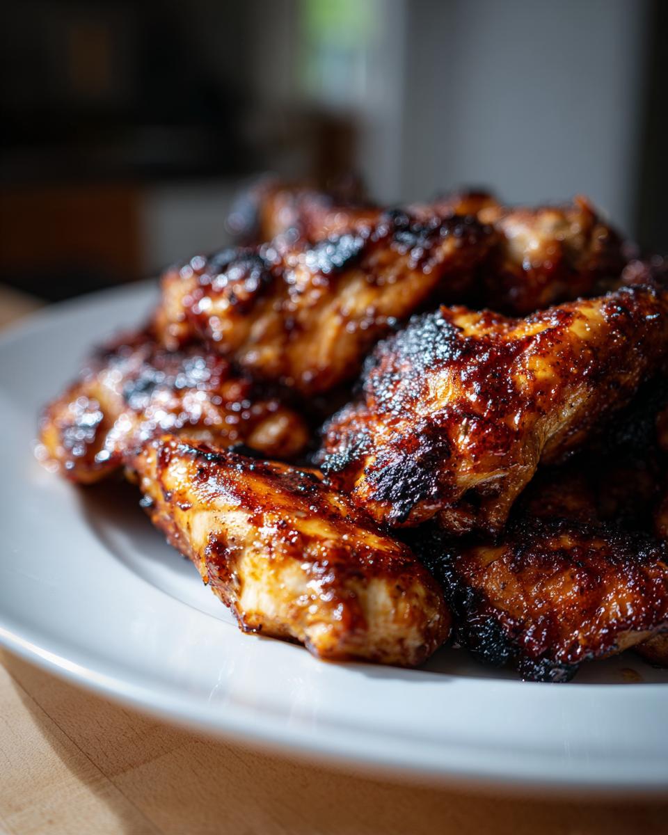 Close-up of glistening, charred chicken wings coated in a rich glaze, showing the result of a great chicken marinade.