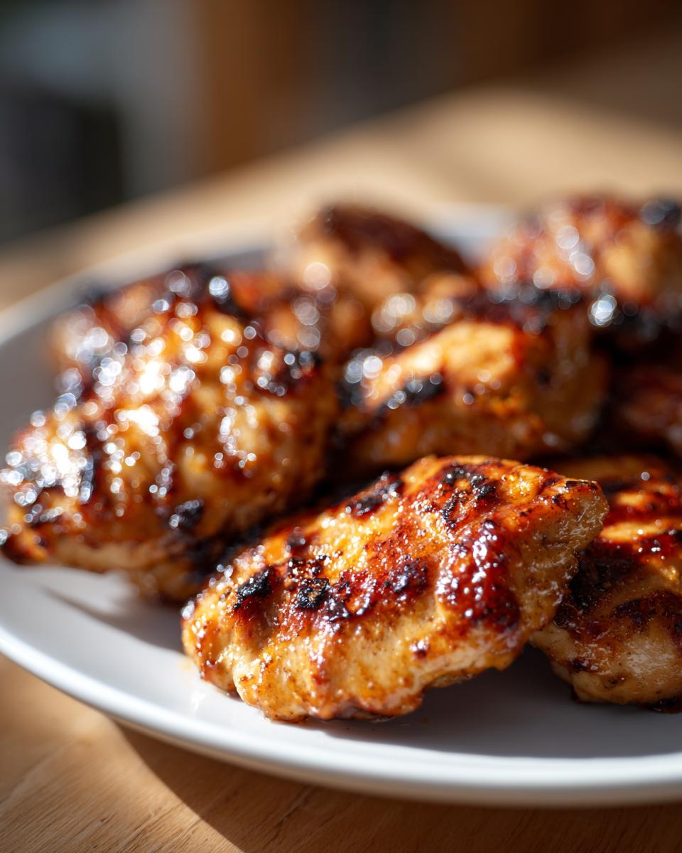 Close-up of beautifully grilled, glazed chicken pieces coated in an amazing chicken marinade, served on a white plate.