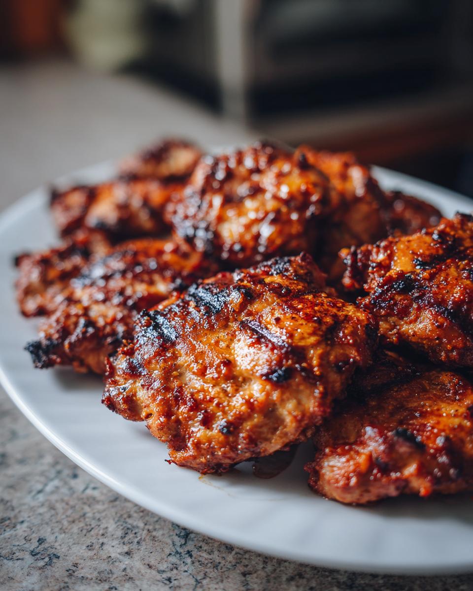Close-up of several pieces of grilled, glazed chicken thighs showing char marks, prepared with the amazing chicken marinade.