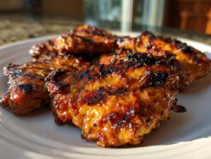Close-up of glistening, charred grilled chicken pieces coated in a rich chicken marinade, resting on a white plate.