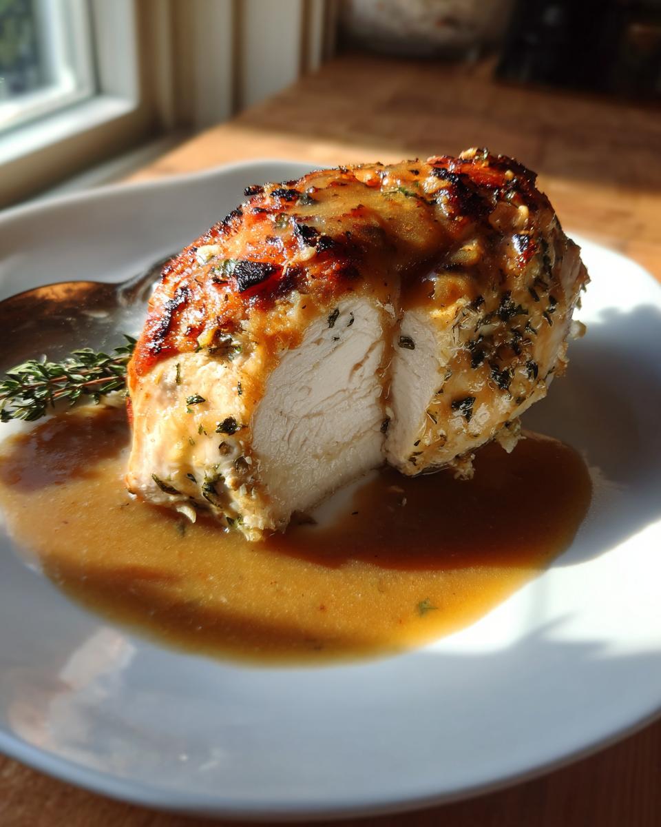 Cross-section of a juicy instant pot turkey breast, glazed and served in rich brown gravy.