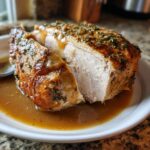 Close-up of a perfectly cooked, juicy instant pot turkey breast, sliced and resting in rich brown gravy.