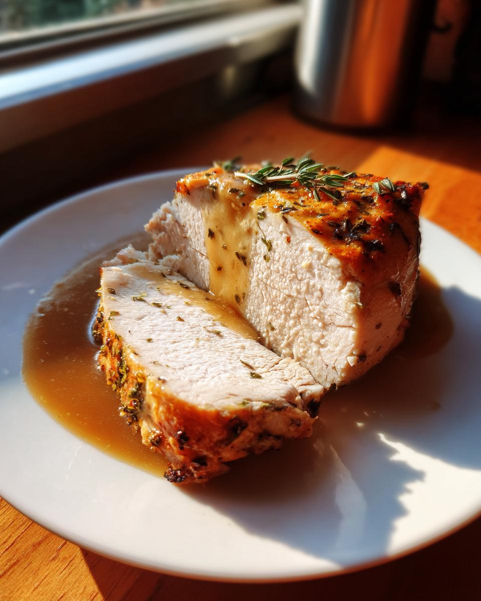 Close-up of sliced, juicy instant pot turkey breast covered in savory gravy and fresh rosemary sprigs.
