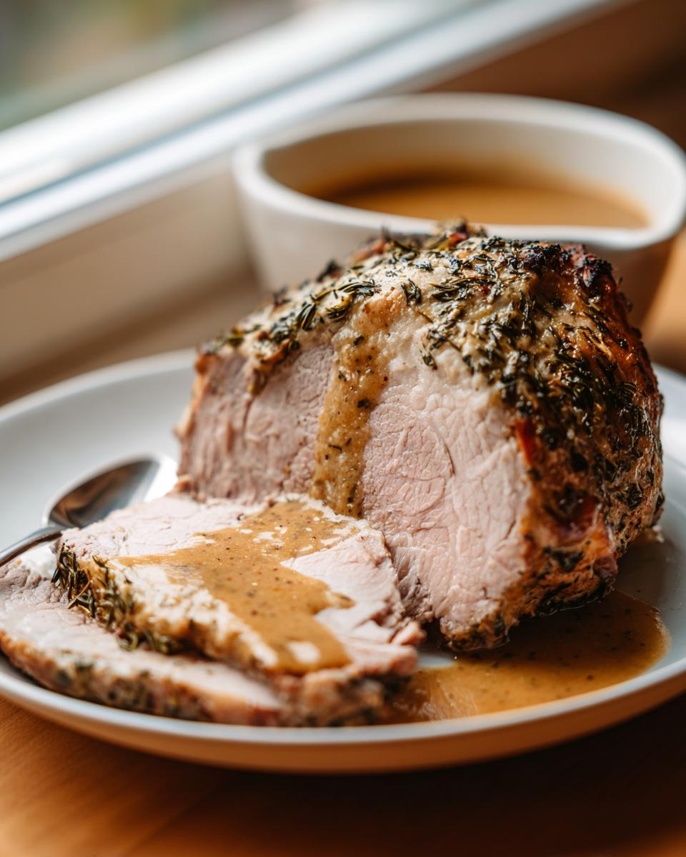 Close-up of sliced, herb-crusted Instant Pot Turkey Breast drizzled with savory gravy on a white plate.