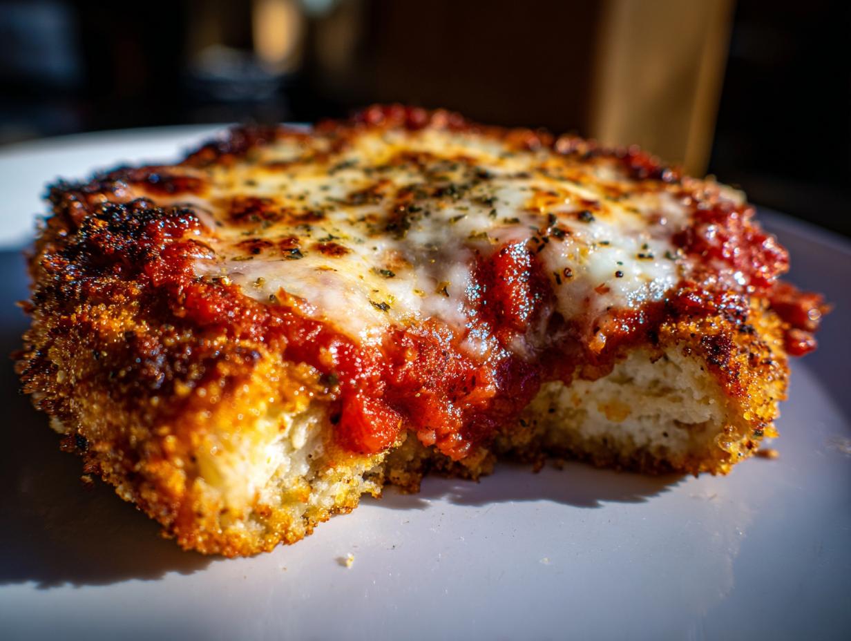 A close-up, dramatic shot of a piece of keto chicken parmesan with a crispy crust, topped with rich tomato sauce and melted mozzarella cheese.
