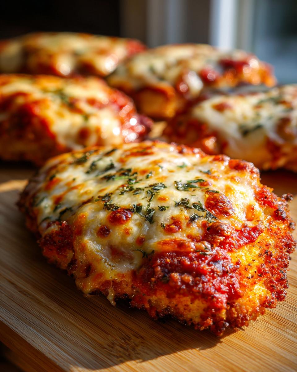 Close-up of a perfectly baked keto chicken parmesan cutlet topped with marinara sauce and bubbly melted mozzarella cheese.