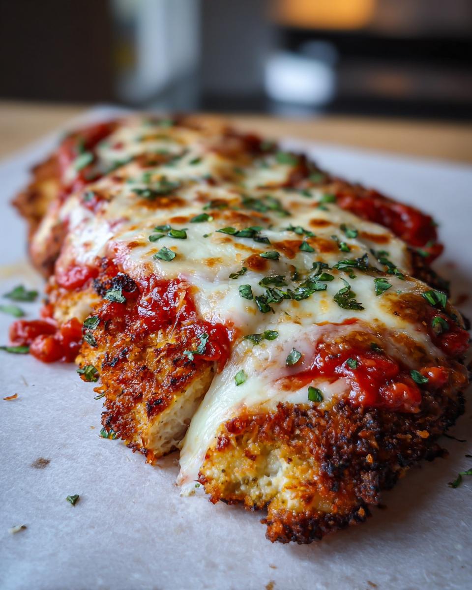 Close-up of a baked keto chicken parmesan cutlet topped with melted mozzarella, marinara sauce, and fresh parsley.