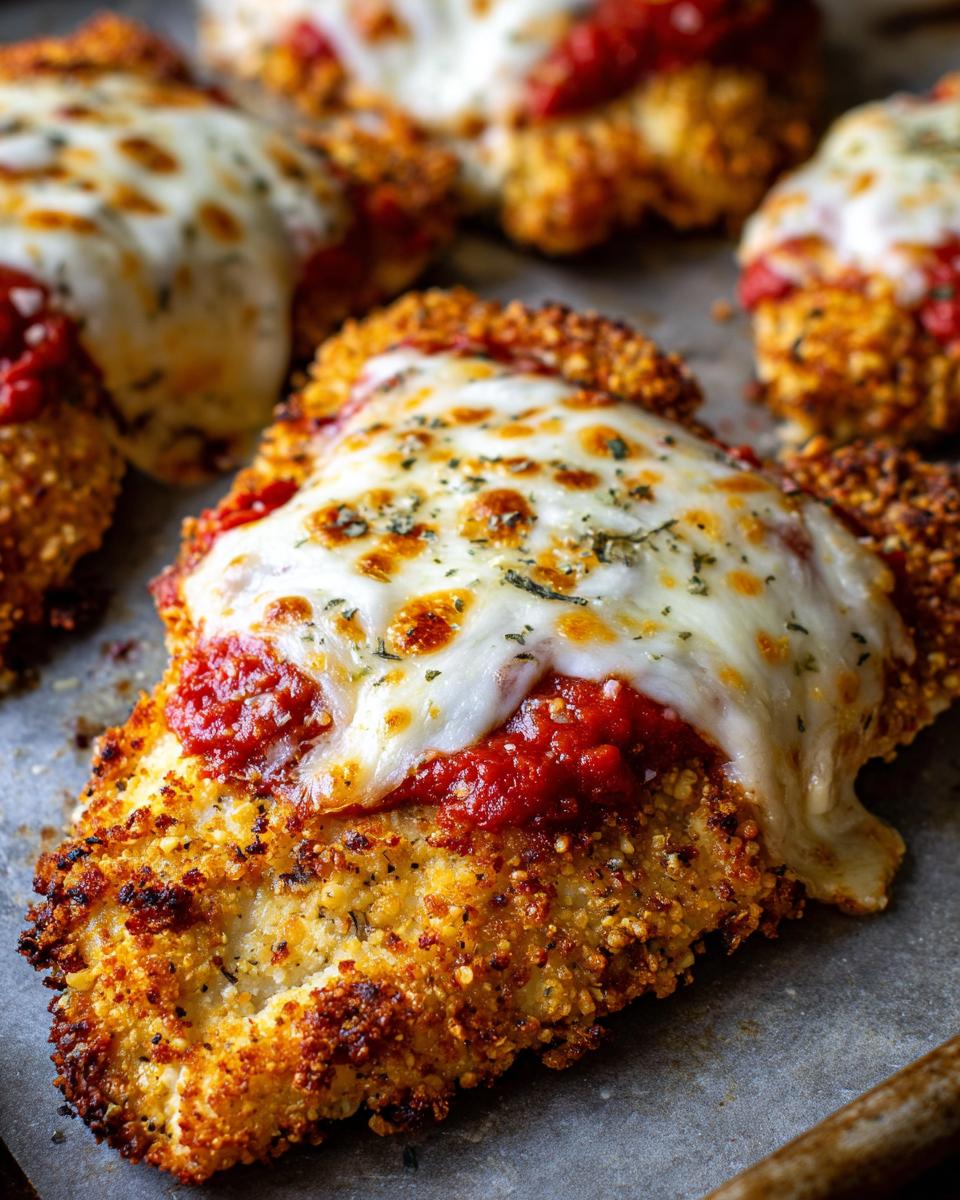 Close-up of a crispy, breaded keto chicken parmesan fillet topped with marinara sauce and melted mozzarella cheese.