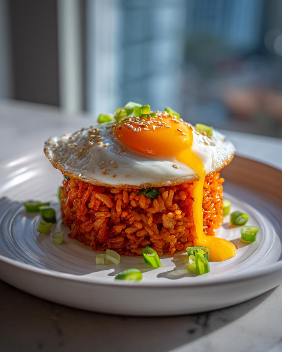 A tall serving of vibrant red kimchi fried rice topped with a sunny-side-up egg, sesame seeds, and scallions.