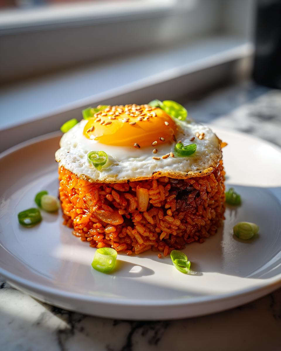 A molded serving of vibrant red kimchi fried rice topped with a sunny-side-up egg and sesame seeds.