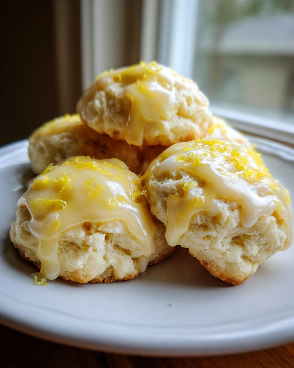 Close-up of fluffy ricotta cookies topped with a thick lemon glaze and bright yellow zest.