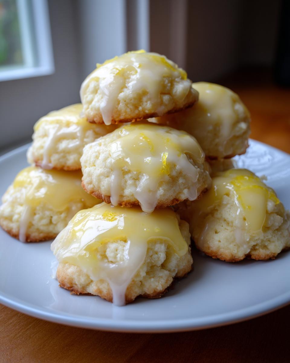 A stack of soft, fluffy ricotta cookies topped with a thick, bright lemon glaze and zest.