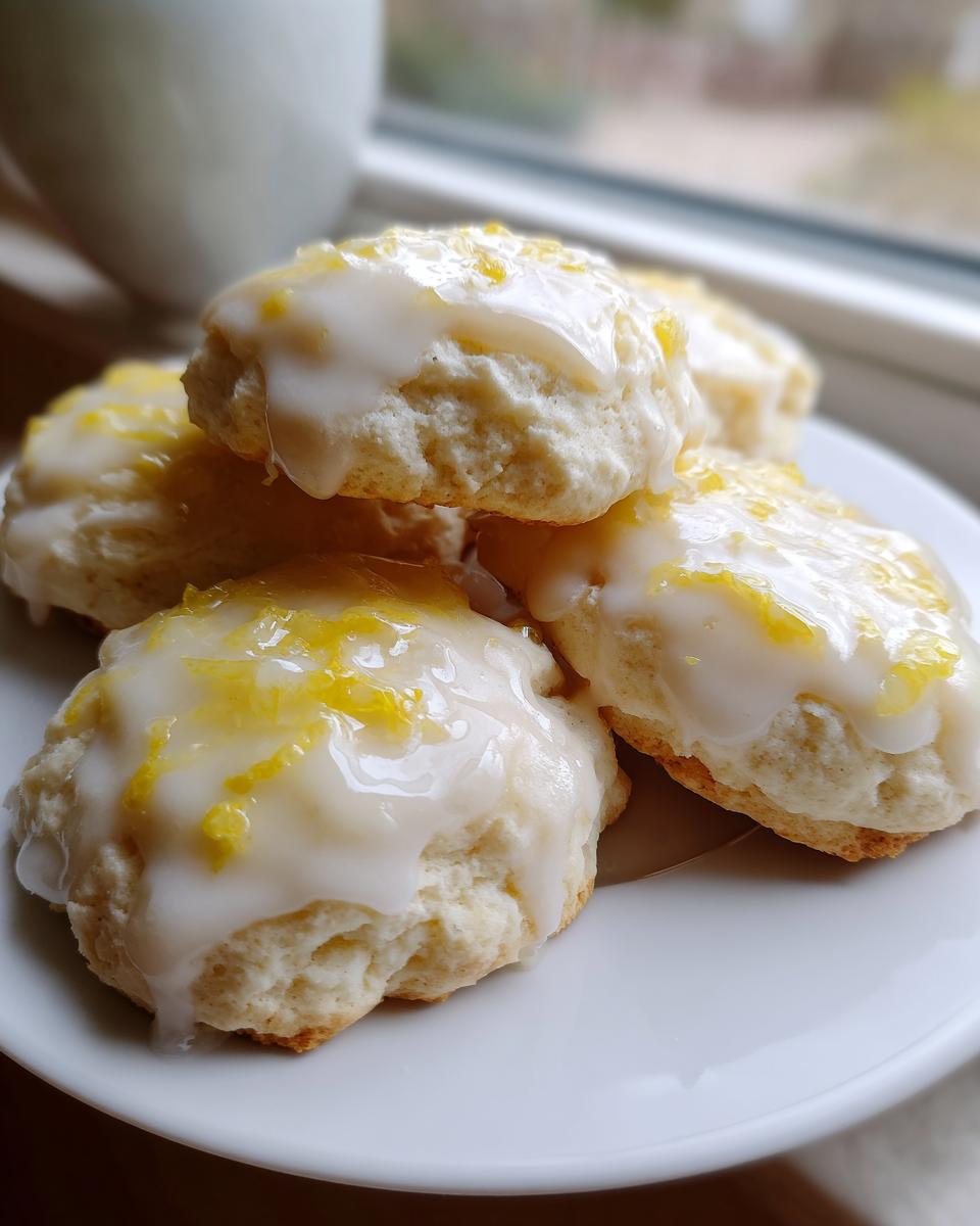 A stack of soft, glazed ricotta cookies topped with bright yellow lemon zest, ready to eat.
