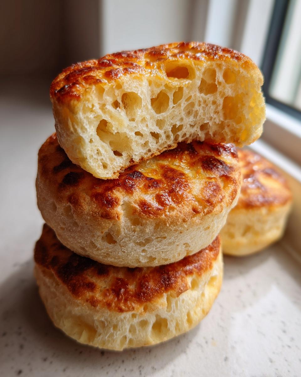 Close-up of a stack of three golden-brown english muffin halves, showing the airy, open crumb structure of the top piece.