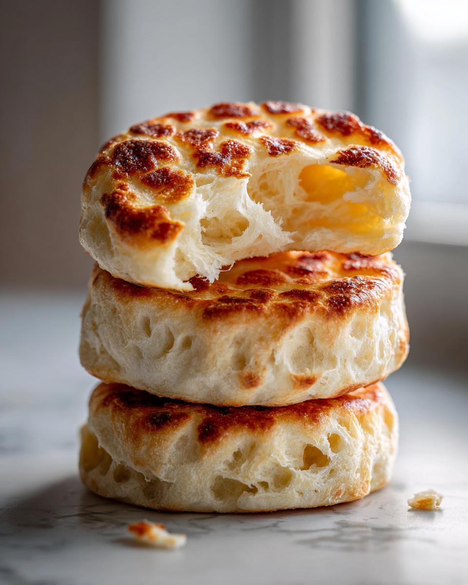 Close-up of three stacked, toasted low-calorie english muffin halves showing a light, airy interior.