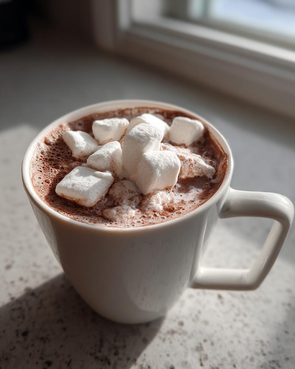 Close-up of a white mug filled with rich homemade hot cocoa topped generously with fluffy white marshmallows.