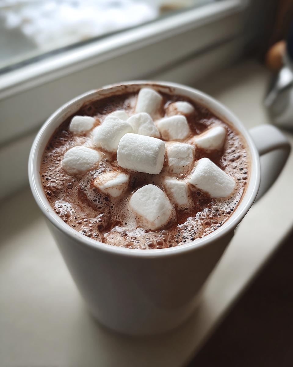 Close-up of a steaming mug of homemade hot cocoa topped generously with fluffy white marshmallows.