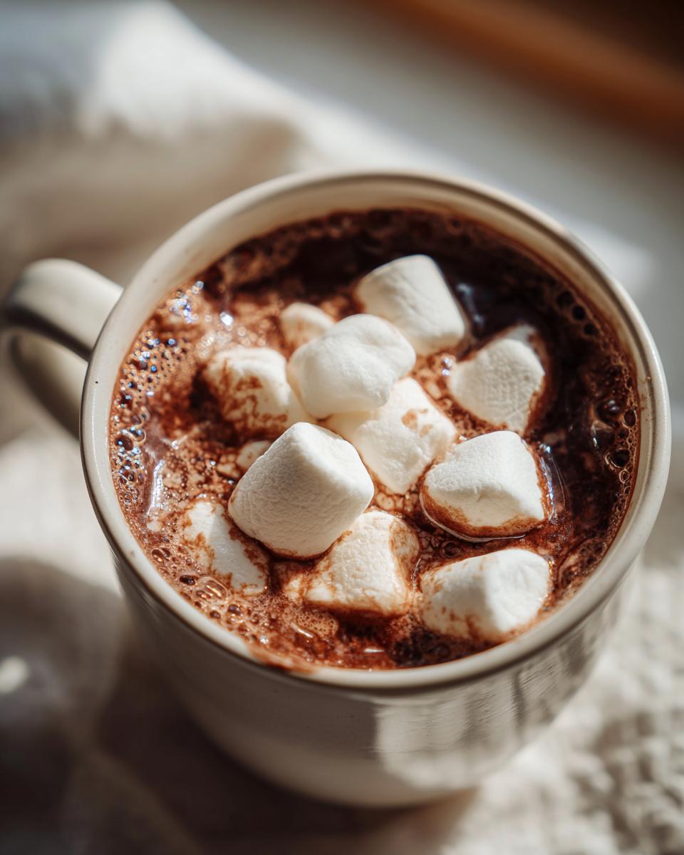 Close-up of a mug filled with rich homemade hot cocoa topped with melting white marshmallows.