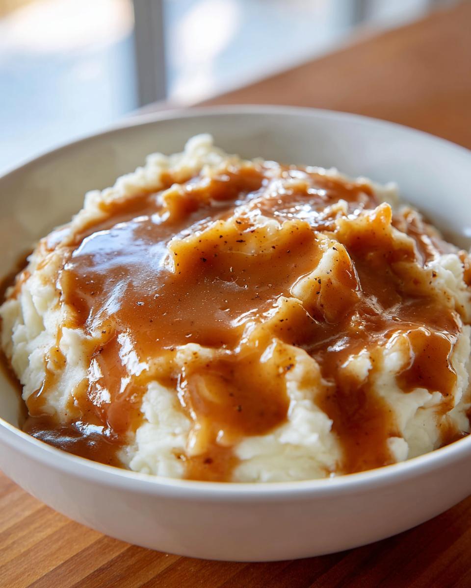 Fluffy mashed potatoes generously covered in rich, glossy homemade brown gravy, served in a white bowl.