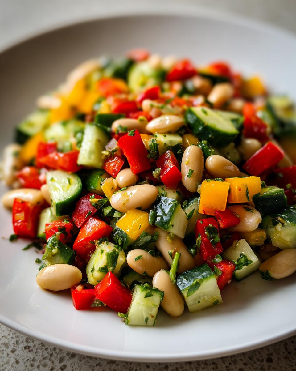 Close-up of a vibrant Mediterranean bean salad featuring white beans, diced cucumbers, red and yellow peppers, and fresh herbs.