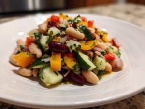 Close-up of a colorful Mediterranean bean salad featuring cannellini beans, kidney beans, cucumber, and bell peppers.