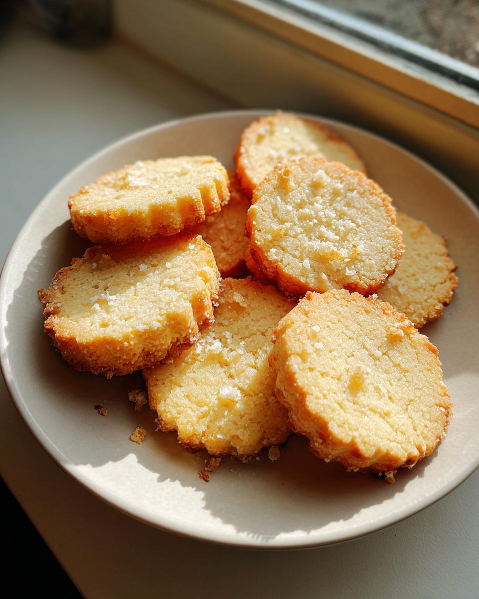 A plate of freshly baked, round butter cookies sprinkled with sugar, catching warm sunlight near a window.