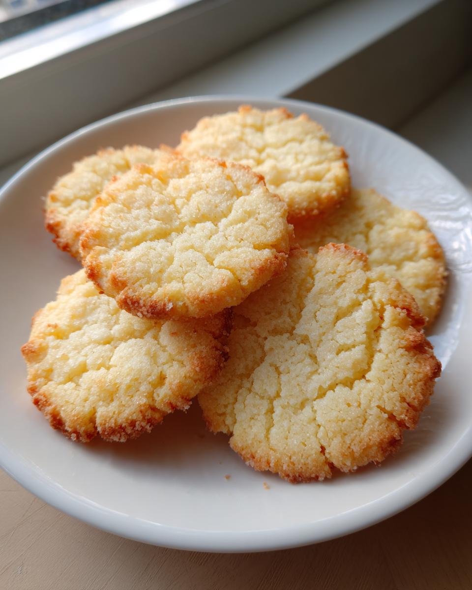 Close-up of several golden brown, textured butter cookies stacked on a white plate near a window.