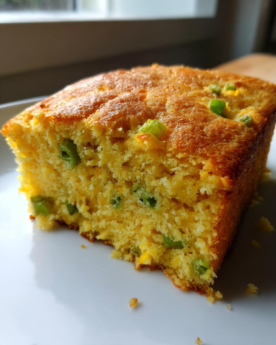 Close-up of a moist slice of golden mexican cornbread studded with green jalapeño pieces.