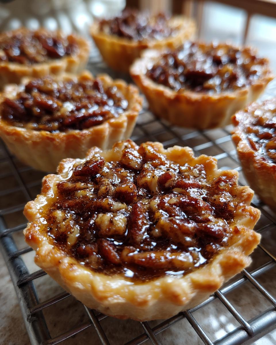A close-up of one perfectly baked mini pecan pie, showing the gooey, glazed pecan filling, resting on a wire rack with others blurred in the background.