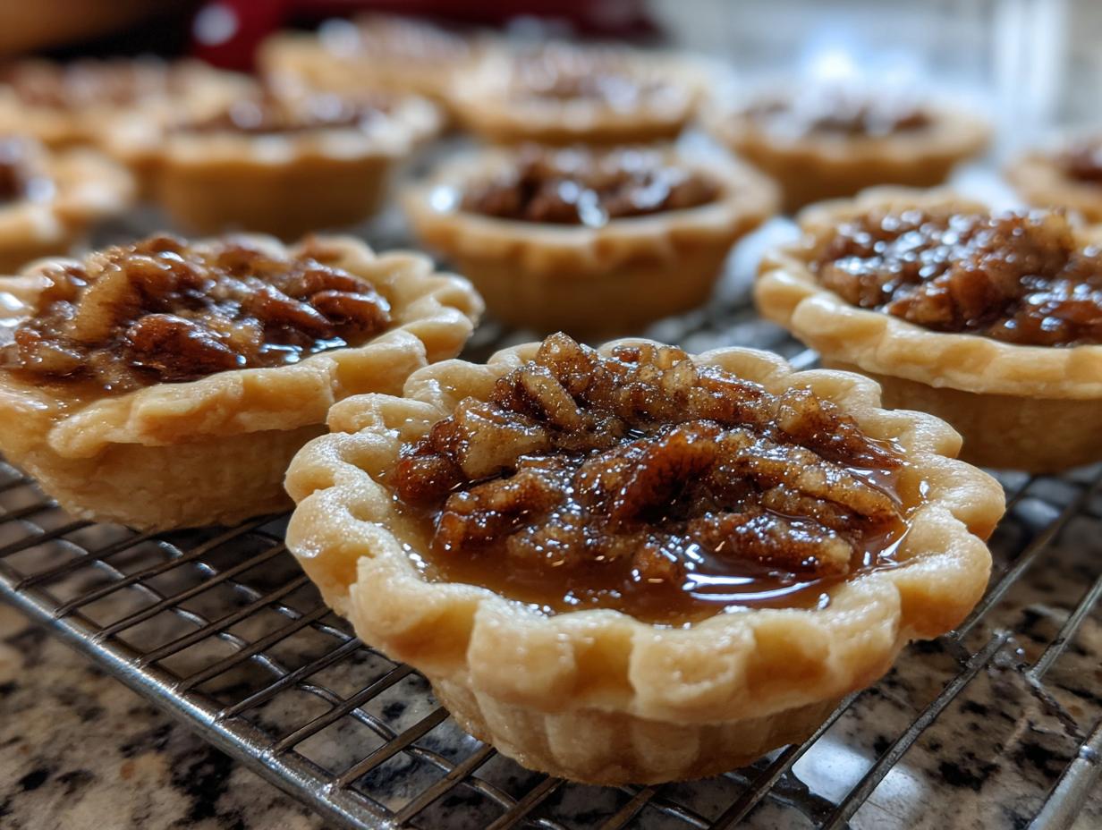 Close-up of several glistening mini pecan pies cooling on a wire rack, featuring flaky crusts and rich pecan filling.
