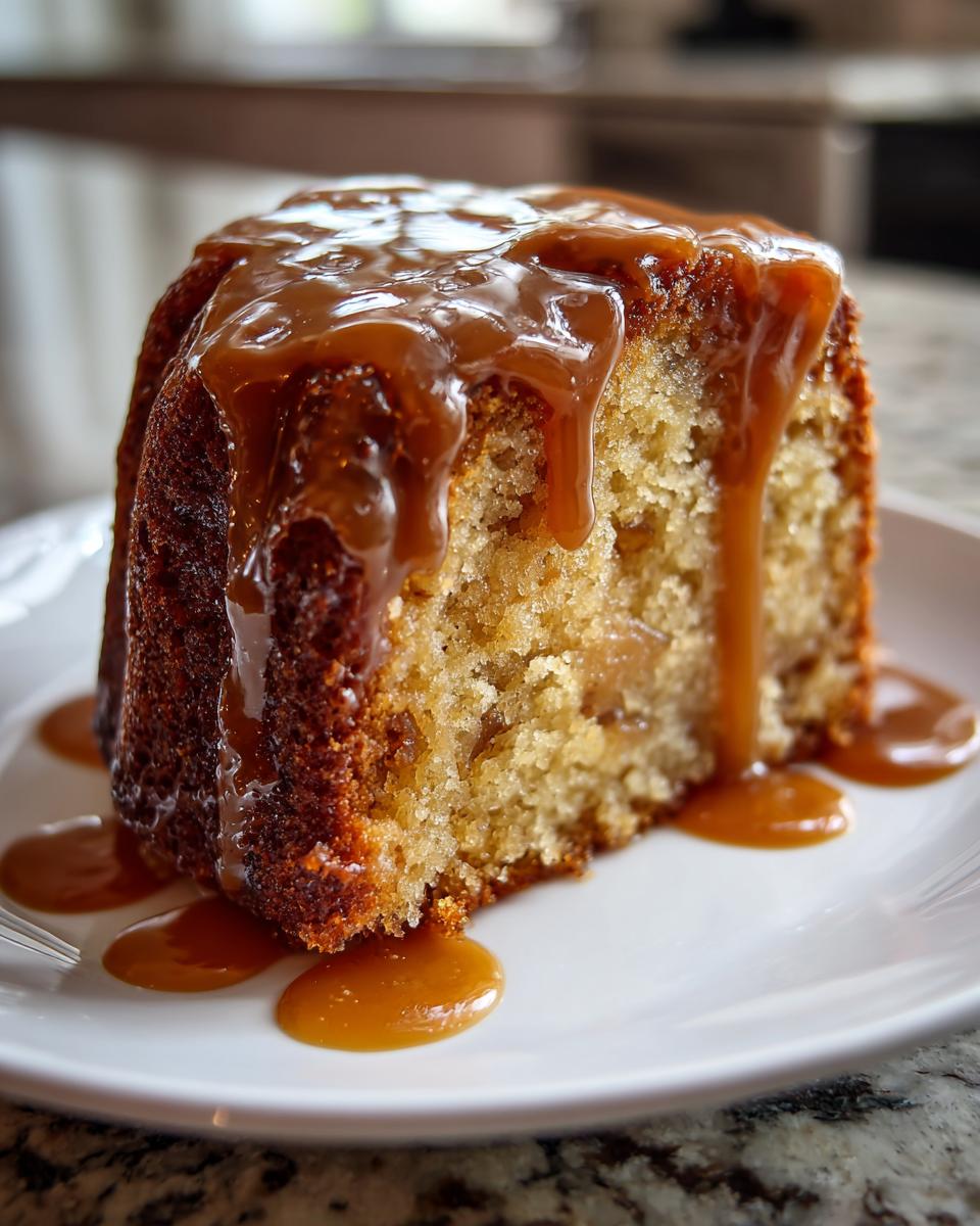 A moist slice of apple dapple cake generously topped with rich caramel sauce dripping down the sides.