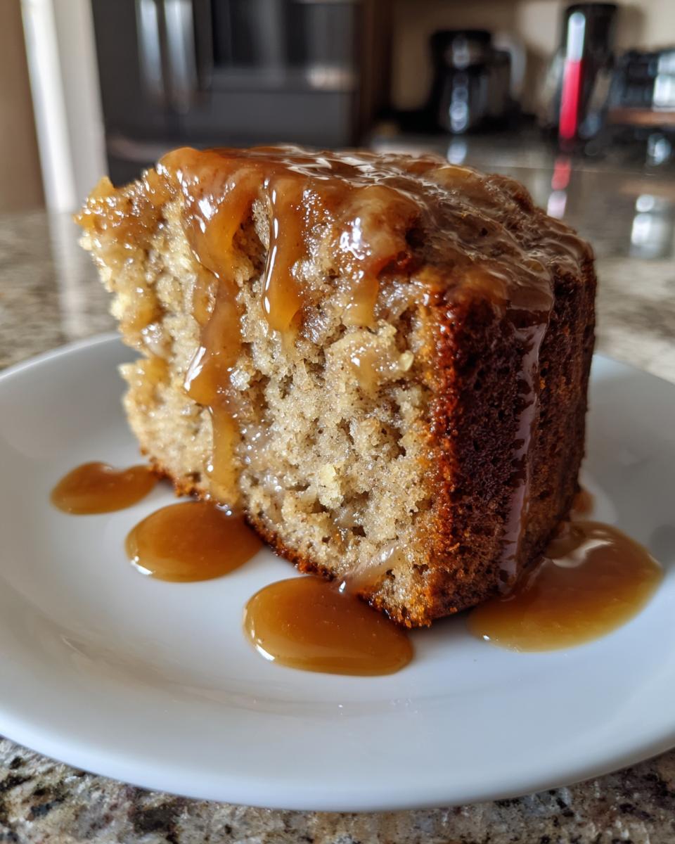 A close-up of a moist slice of apple dapple cake topped with a thick caramel sauce drizzled over it.