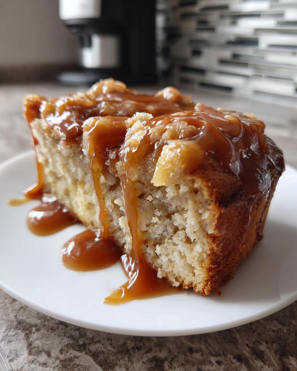 A close-up of a moist slice of apple dapple cake topped generously with thick caramel sauce dripping down the sides.