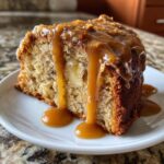 A moist slice of apple dapple cake topped with thick, dripping caramel sauce on a white plate.