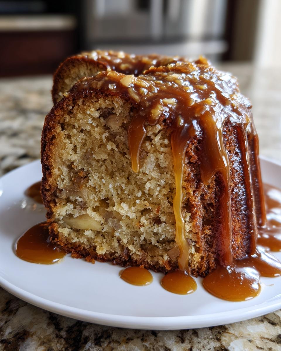 A thick slice of moist apple dapple cake topped with a rich, dripping caramel sauce and nuts.