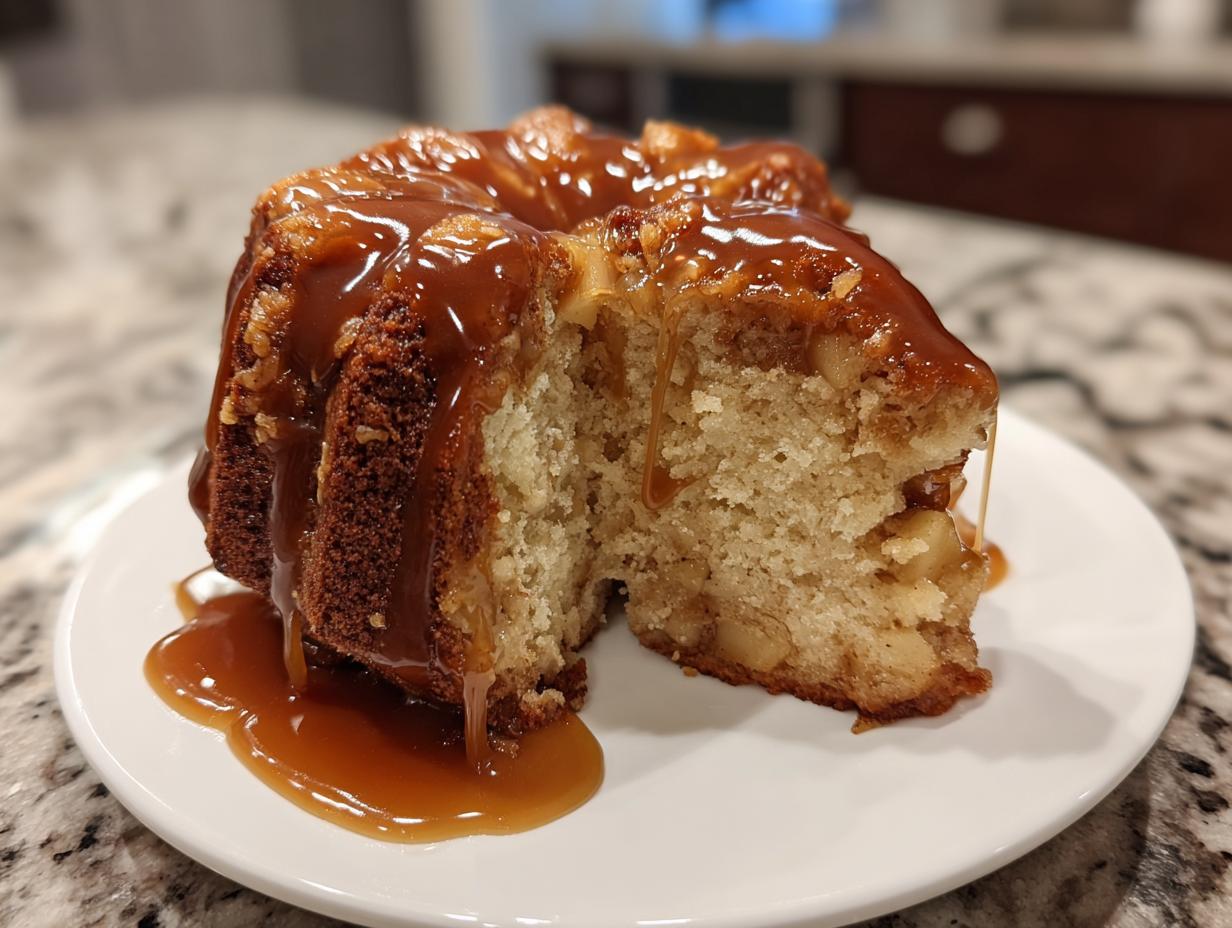 A slice cut from a moist apple dapple cake, generously topped with dripping caramel sauce, served on a white plate.