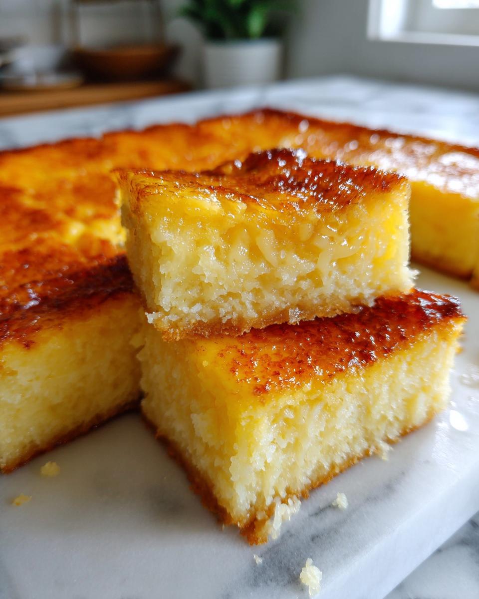 Two stacked squares of moist cassava cake showing the shredded texture and shiny caramelized top.