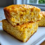 Close-up of two stacked squares of moist cornbread casserole featuring visible whole corn kernels.