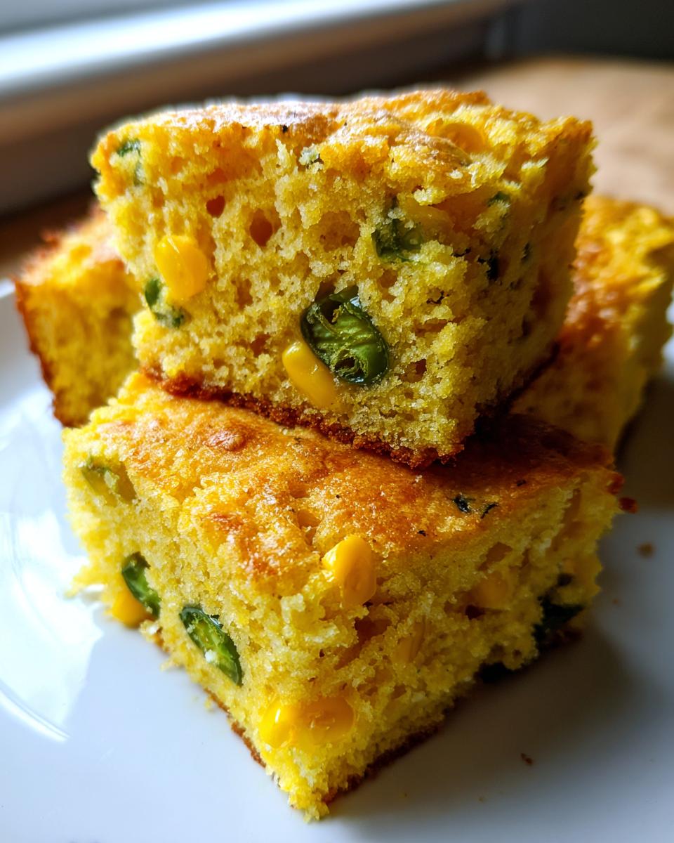Close-up of stacked, moist slices of yellow mexican cornbread studded with corn kernels and green jalapeños.